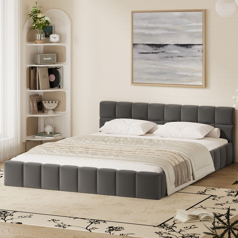 Queen Bed Frame Grey Velvet Tufted Headboard | Simpledeals
