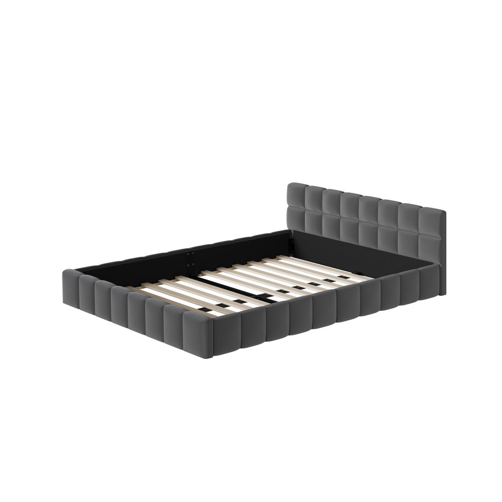 Queen Bed Frame Grey Velvet Tufted Headboard | Simpledeals