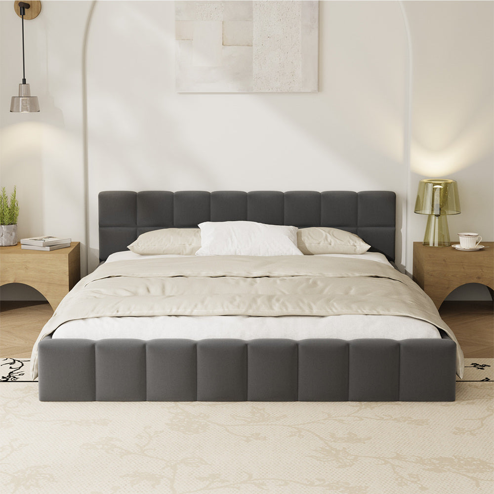 Queen Bed Frame Grey Velvet Tufted Headboard | Simpledeals