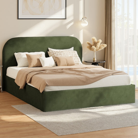 Bed Frame Double Gas Lift Base Storage Velvet Rounded Corner