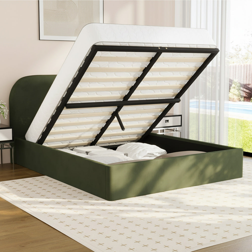 Bed Frame Double Gas Lift Base Storage Velvet Rounded Corner