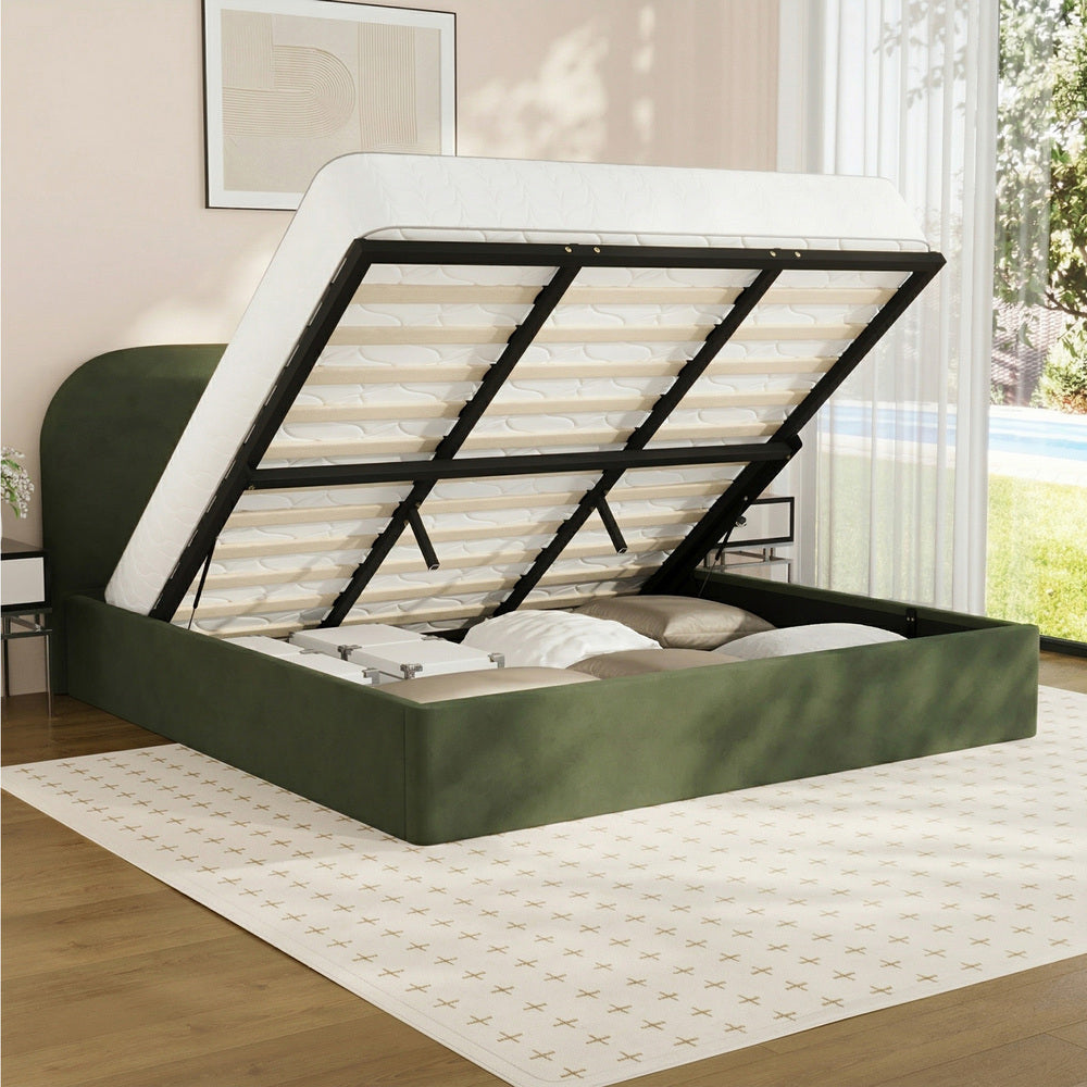 Bed Frame King Gas Lift Base Storage Velvet Rounded Corner