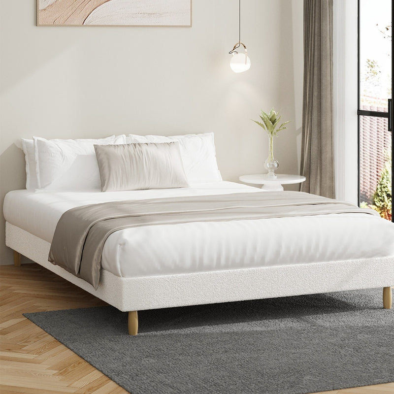 Stylish Bed Base With White Boucle Upholstery, White colour