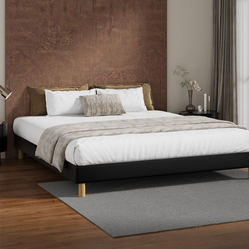 Sleek Double Bed Base With Black Leather Upholstery D/K