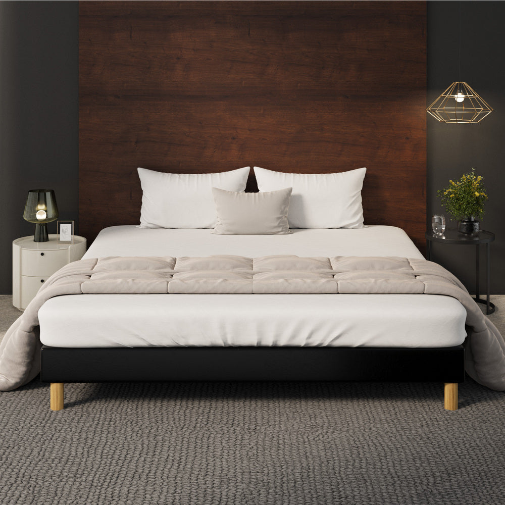 Sleek Double Bed Base With Black Leather Upholstery D/K