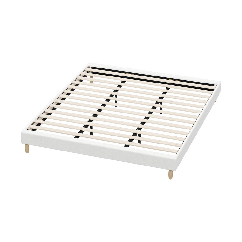 Stylish Bed Base With White Boucle Upholstery