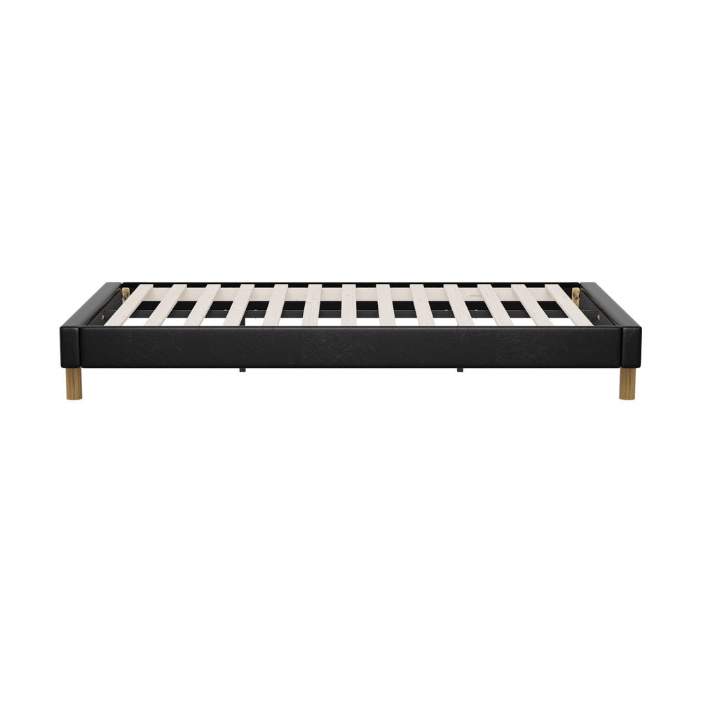 Contemporary King Single Bed Base With Black Leather Upholstery And Durable Frame