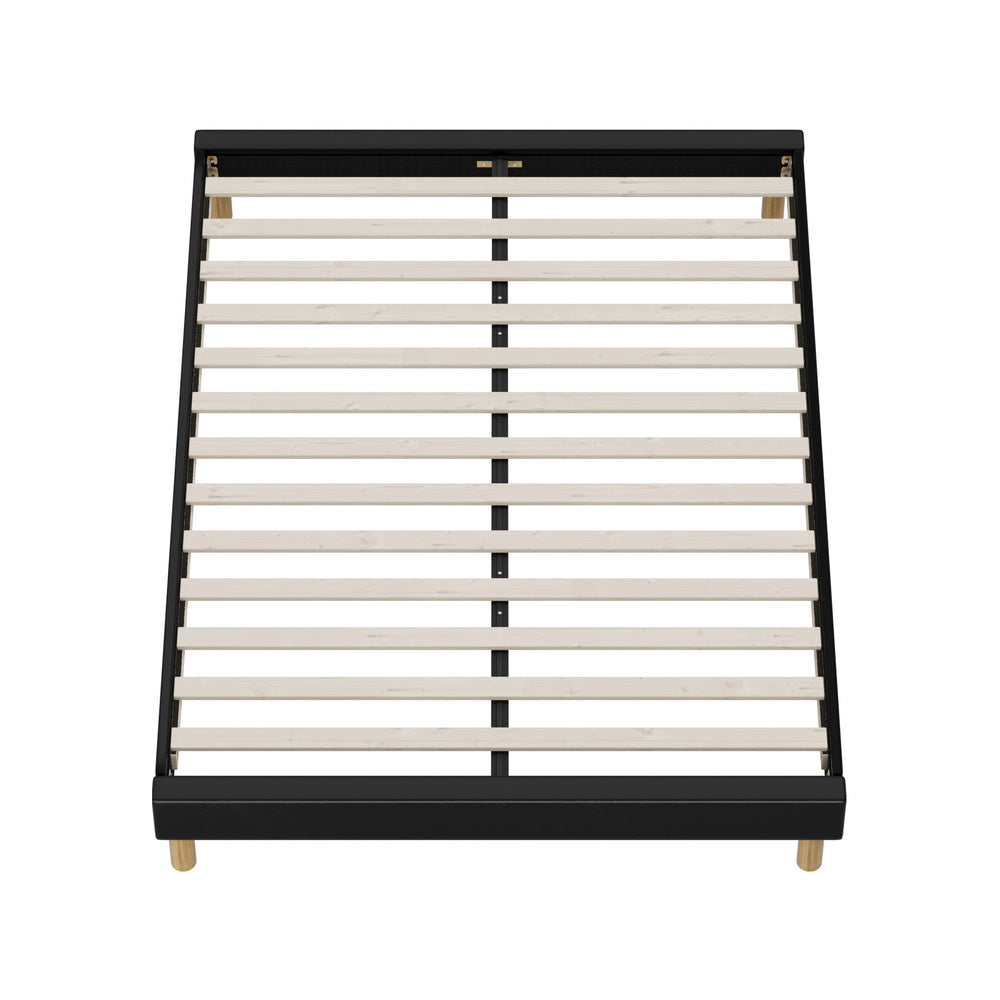 Sleek Queen Bed Base With Black Leather Upholstery And Durable Frame