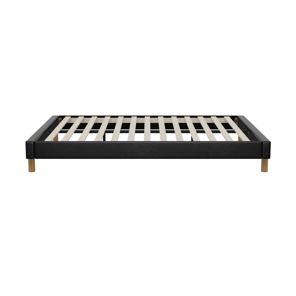 Sleek Queen Bed Base With Black Leather Upholstery And Durable Frame