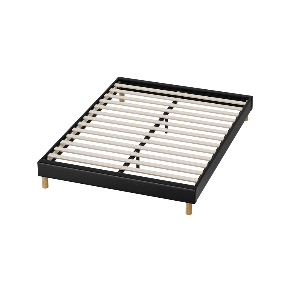 Sleek Queen Bed Base With Black Leather Upholstery And Durable Frame