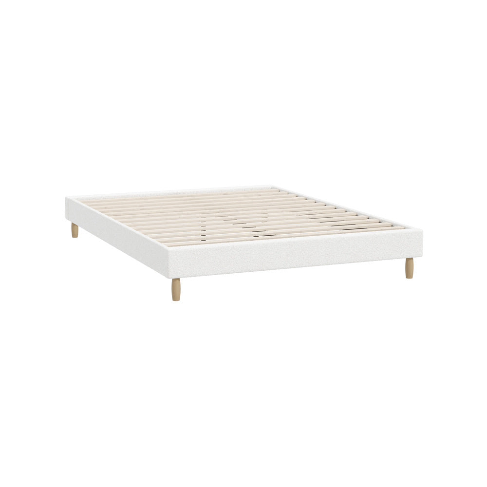 Stylish Bed Base With White Boucle Upholstery