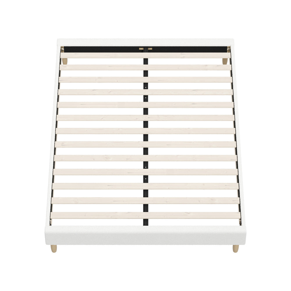 Stylish Bed Base With White Boucle Upholstery