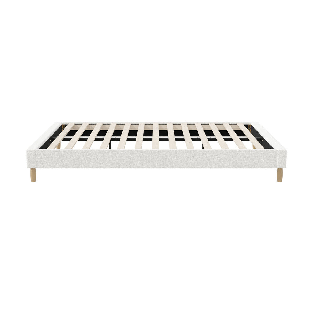 Stylish Bed Base With White Boucle Upholstery
