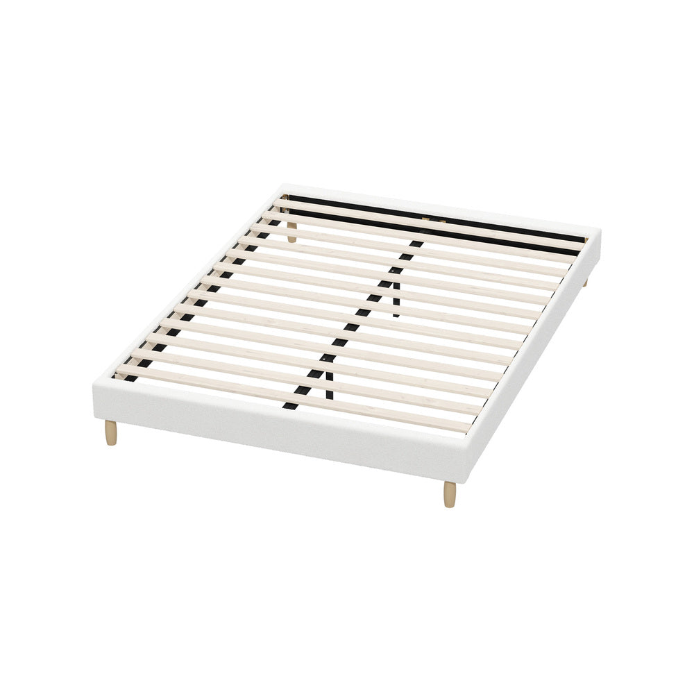 Stylish Bed Base With White Boucle Upholstery