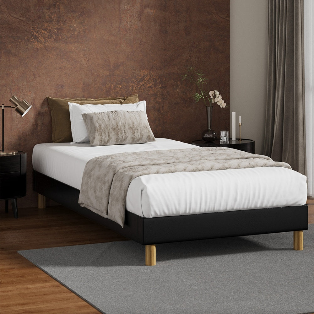 Modern Single Bed Base With Black Leather Upholstery And Reinforced Frame