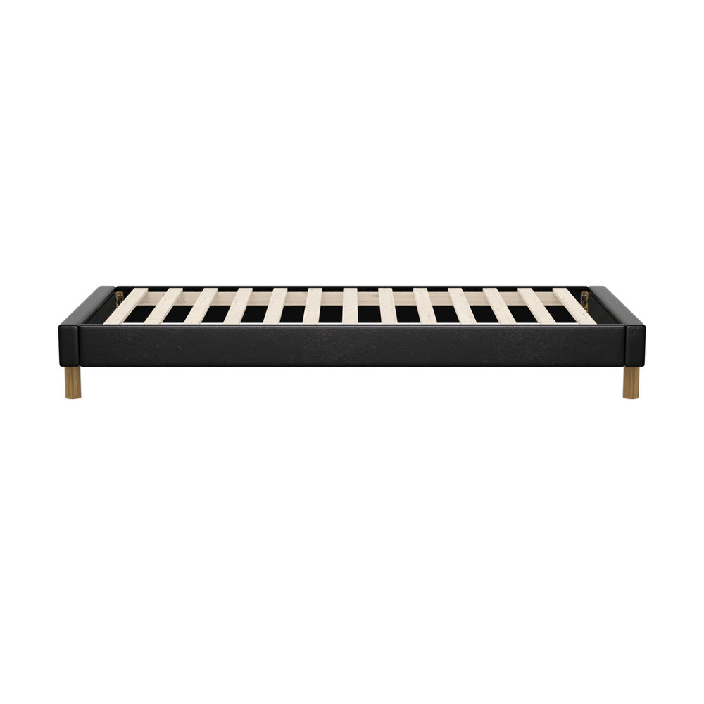 Modern Single Bed Base With Black Leather Upholstery And Reinforced Frame