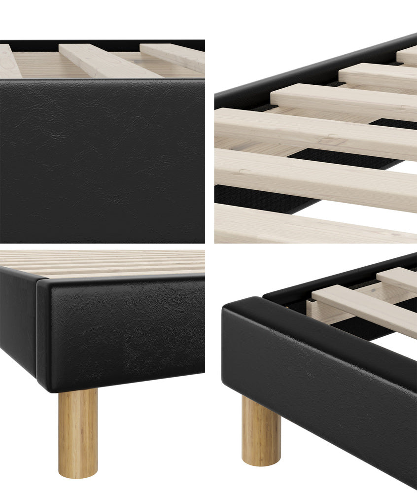 Modern Single Bed Base With Black Leather Upholstery And Reinforced Frame
