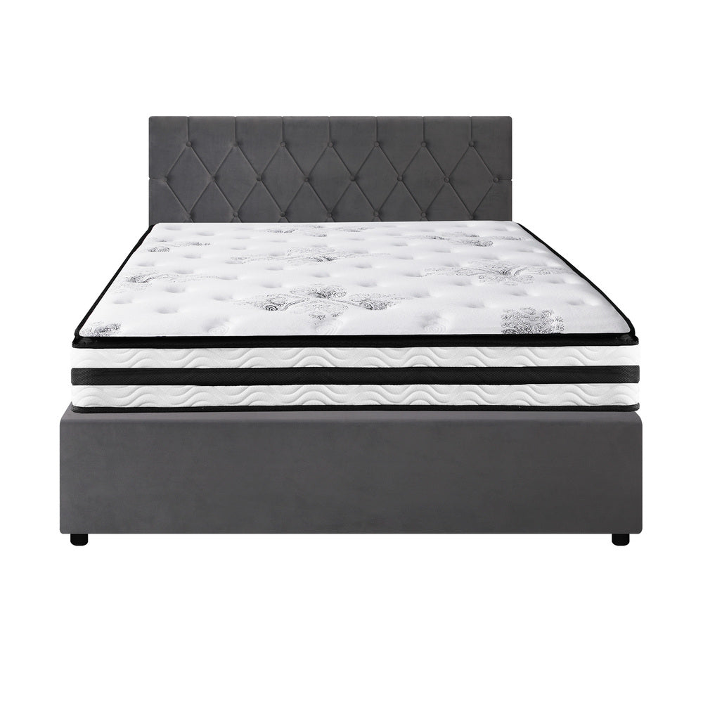 Luxury Gas Lift Bed With Mattress And Grey Velvet Upholstery