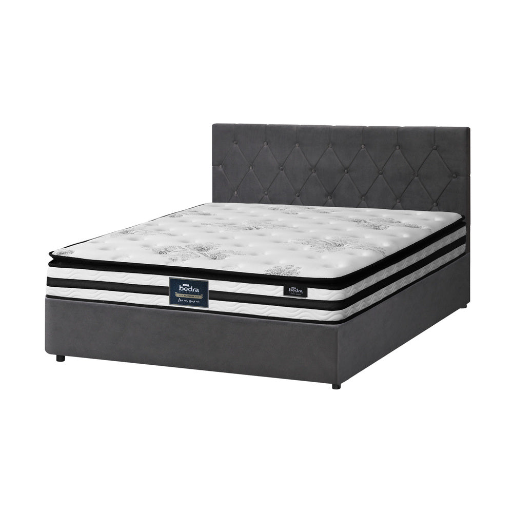 Luxury Gas Lift Bed With Mattress And Grey Velvet Upholstery