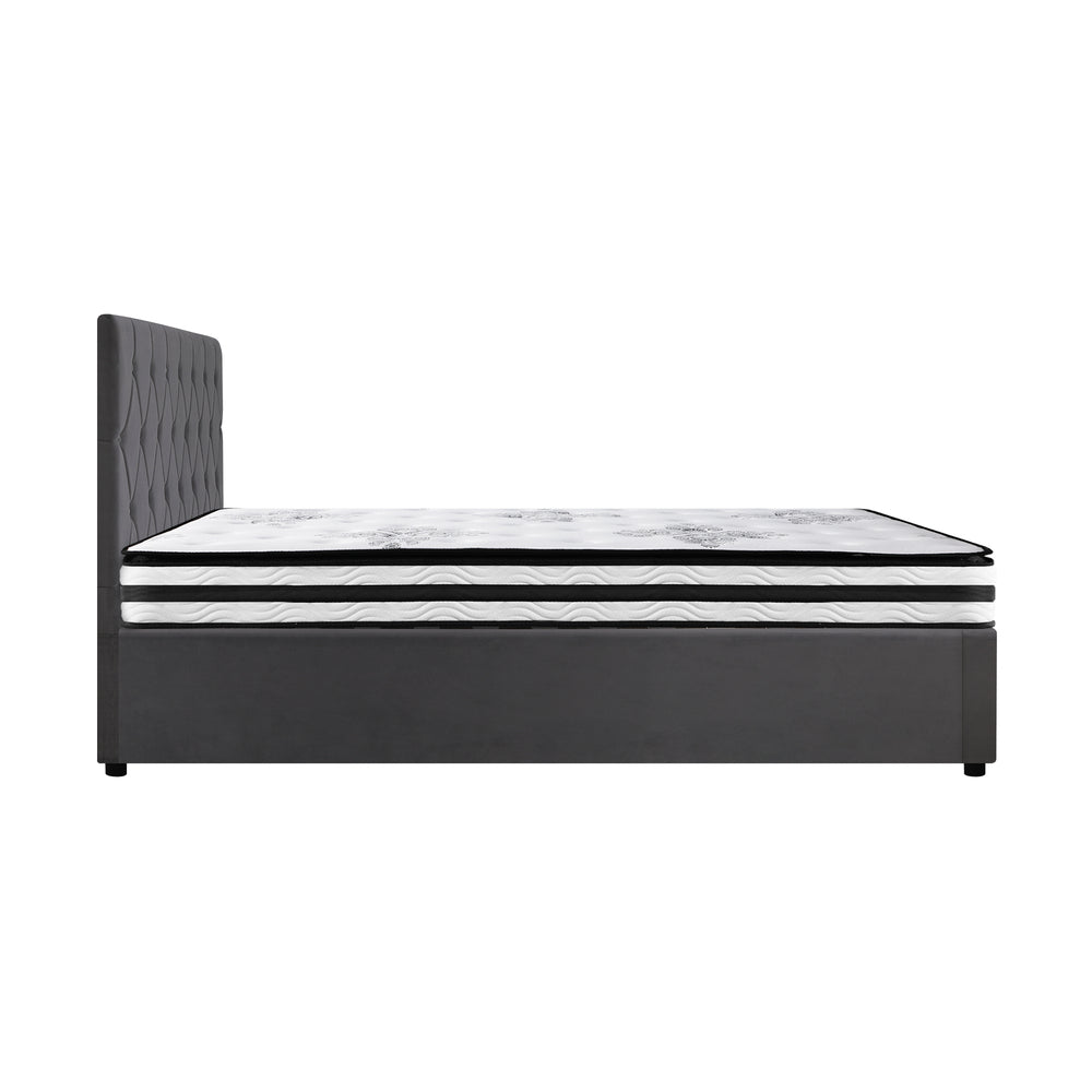 Luxury Gas Lift Bed With Mattress And Grey Velvet Upholstery