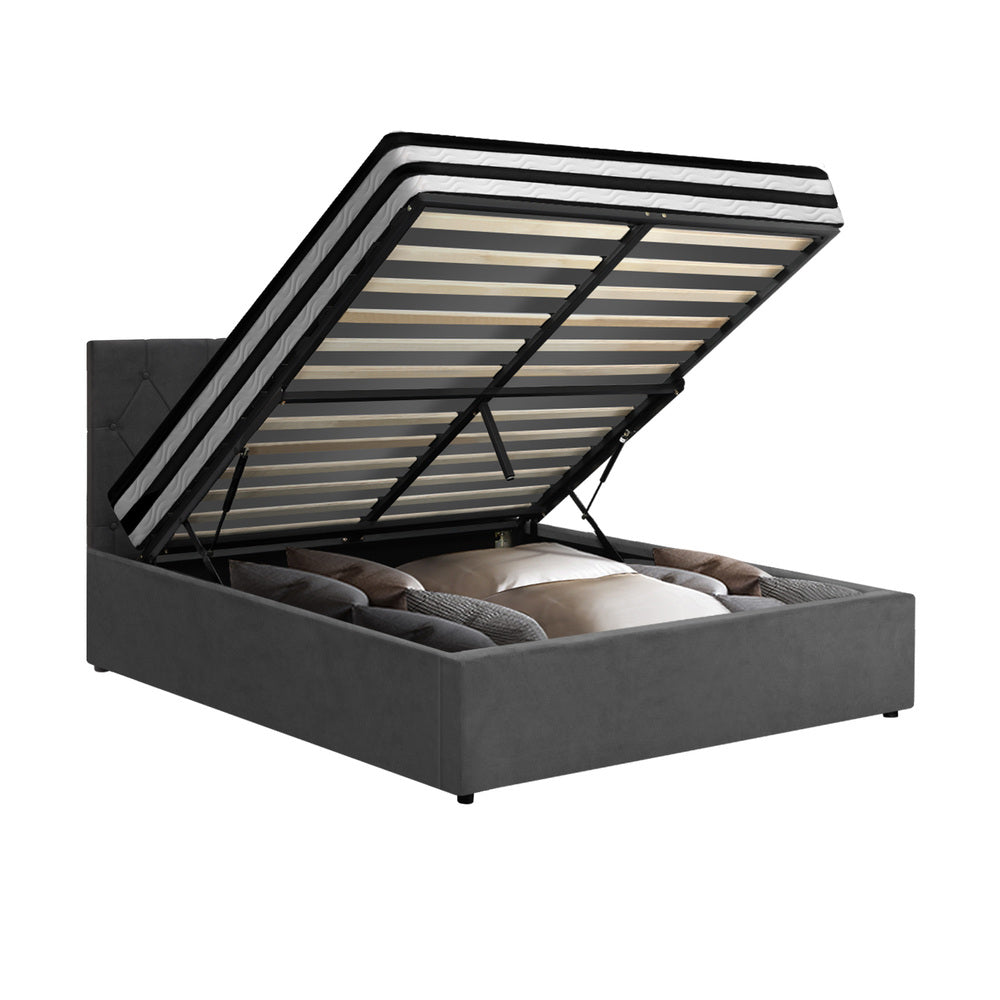 Luxury Gas Lift Bed With Mattress And Grey Velvet Upholstery