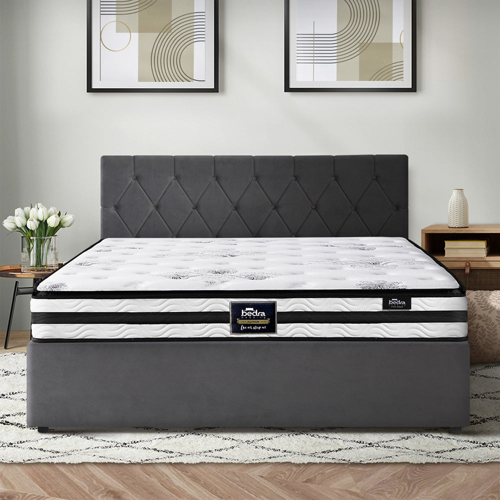 Luxury Gas Lift Bed With Mattress And Grey Velvet Upholstery