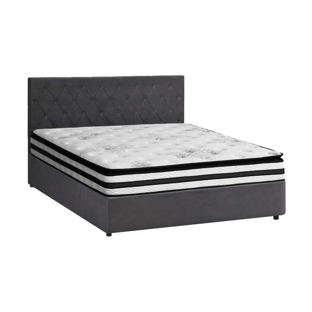 Luxury Gas Lift Bed With Mattress And Grey Velvet Upholstery