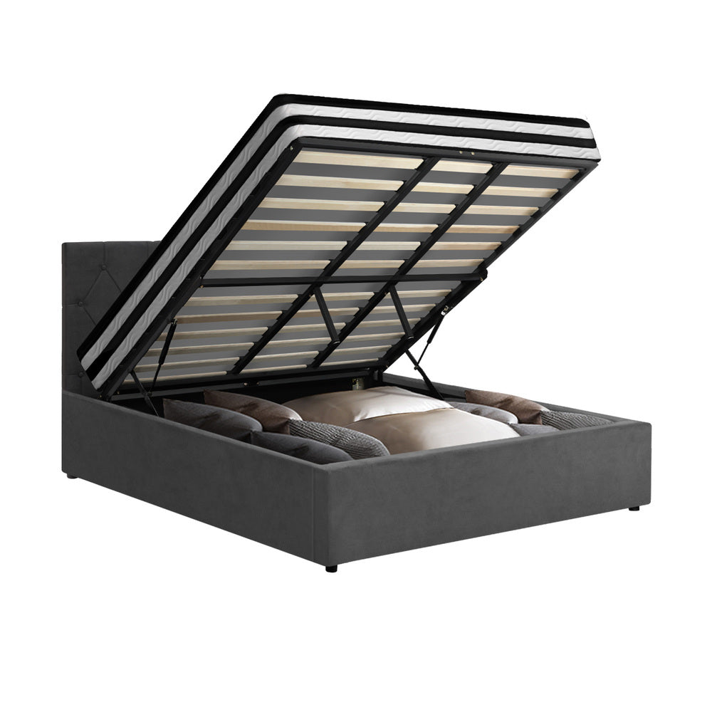 Luxury Gas Lift Bed With Mattress And Grey Velvet Upholstery