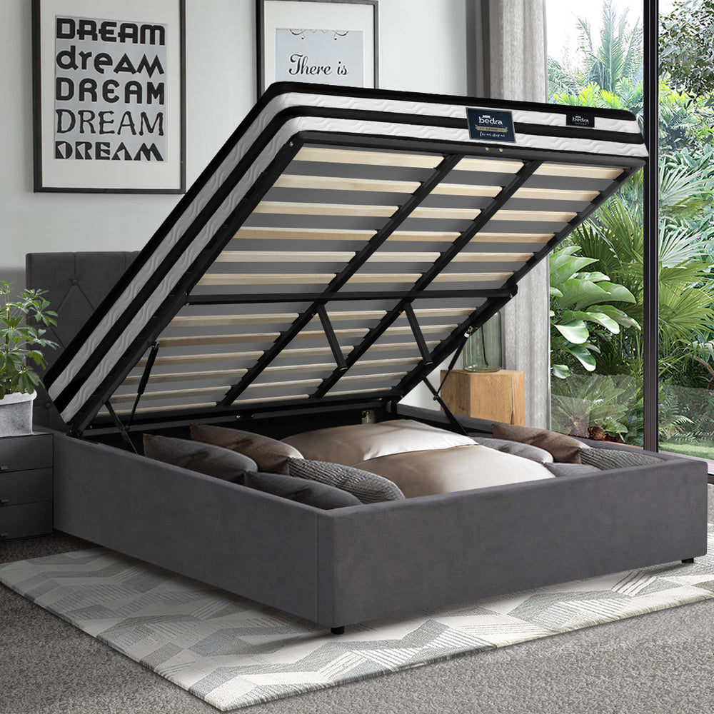 Luxury Gas Lift Bed With Mattress And Grey Velvet Upholstery