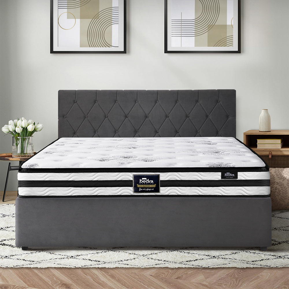 Luxury Gas Lift Bed With Mattress And Grey Velvet Upholstery
