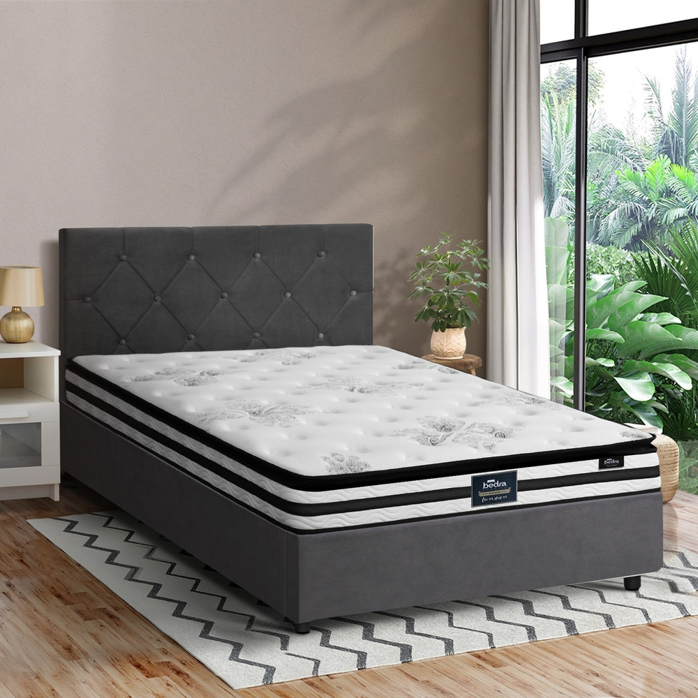 Luxury Gas Lift Bed With Mattress And Grey Velvet Upholstery