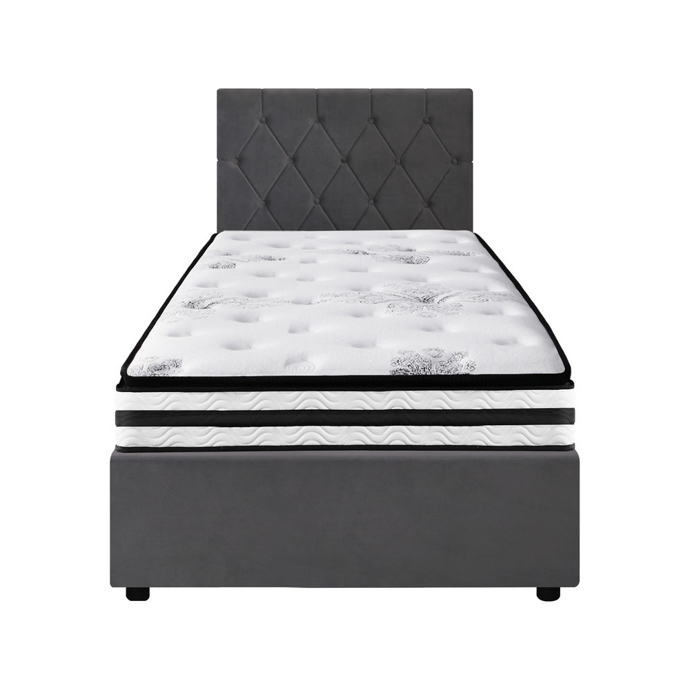 Luxury Gas Lift Bed With Mattress And Grey Velvet Upholstery