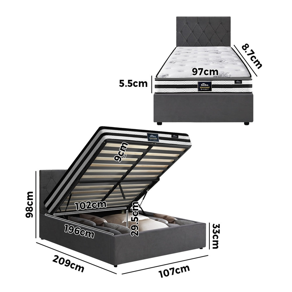 Luxury Gas Lift Bed With Mattress And Grey Velvet Upholstery