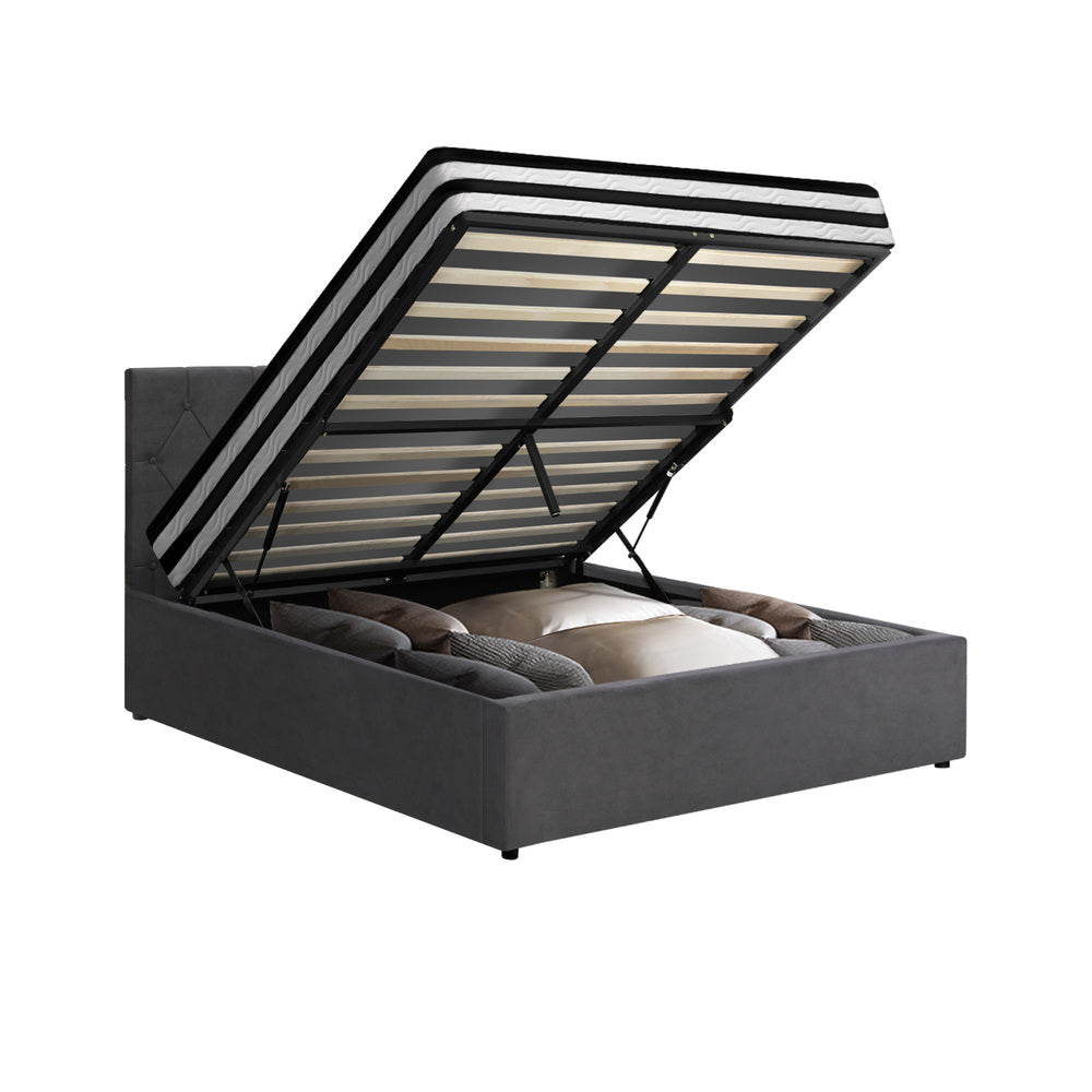 Luxury Gas Lift Bed With Mattress And Grey Velvet Upholstery