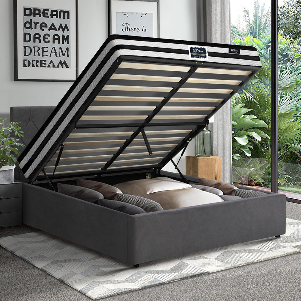 Luxury Gas Lift Bed With Mattress And Grey Velvet Upholstery