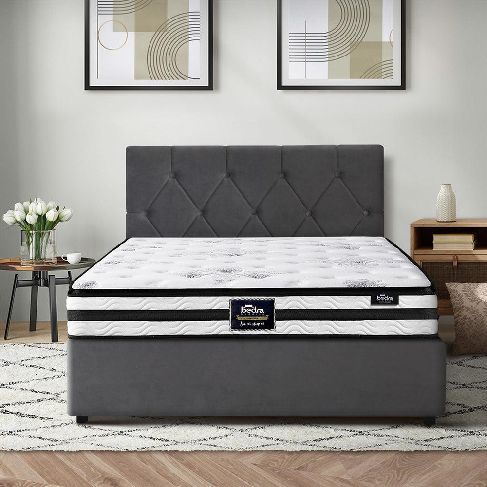 Luxury Gas Lift Bed With Mattress And Grey Velvet Upholstery