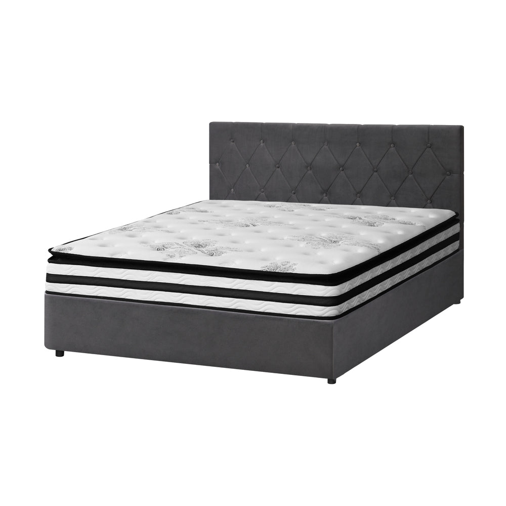 Luxury Gas Lift Bed With Mattress And Grey Velvet Upholstery