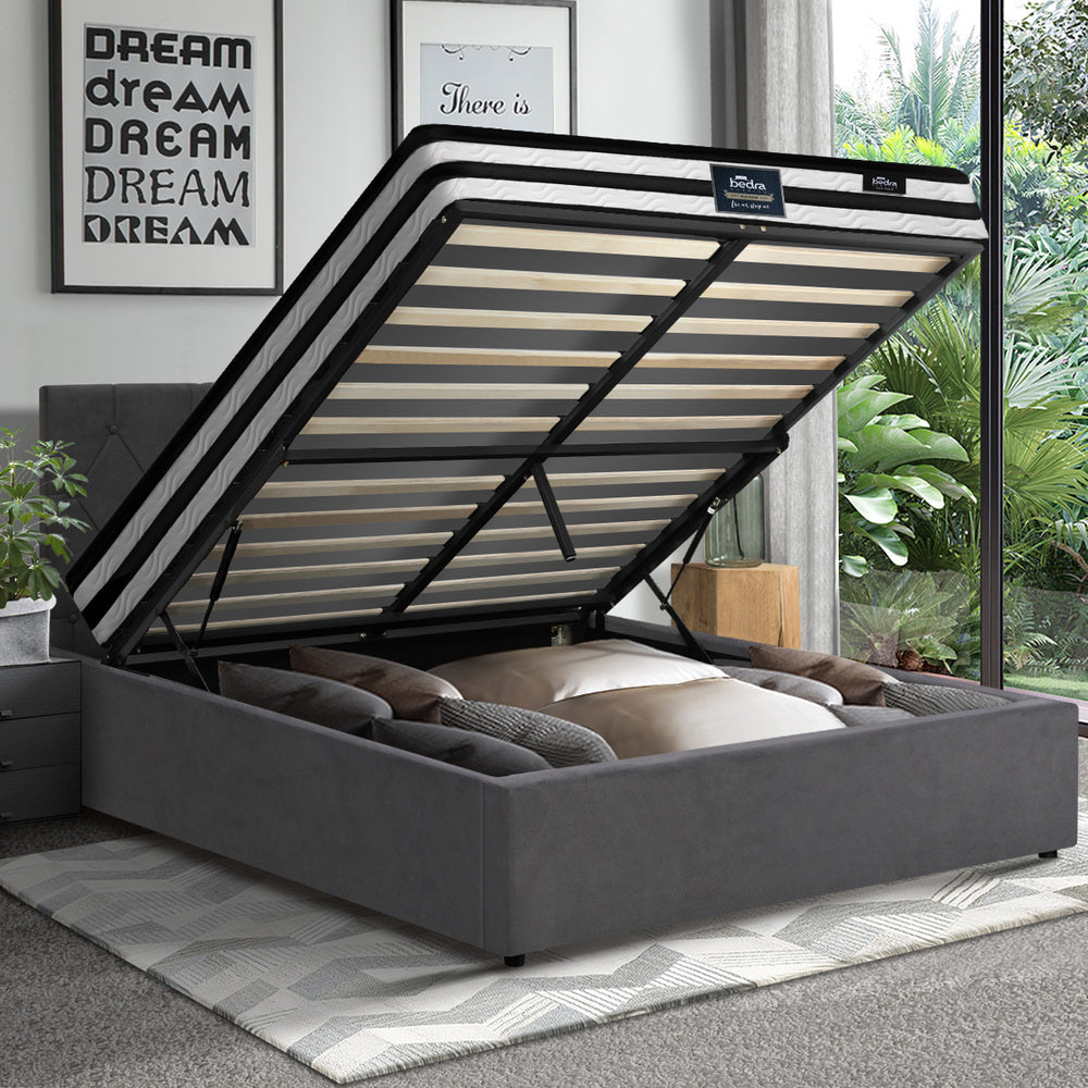 Luxury Gas Lift Bed With Mattress And Grey Velvet Upholstery