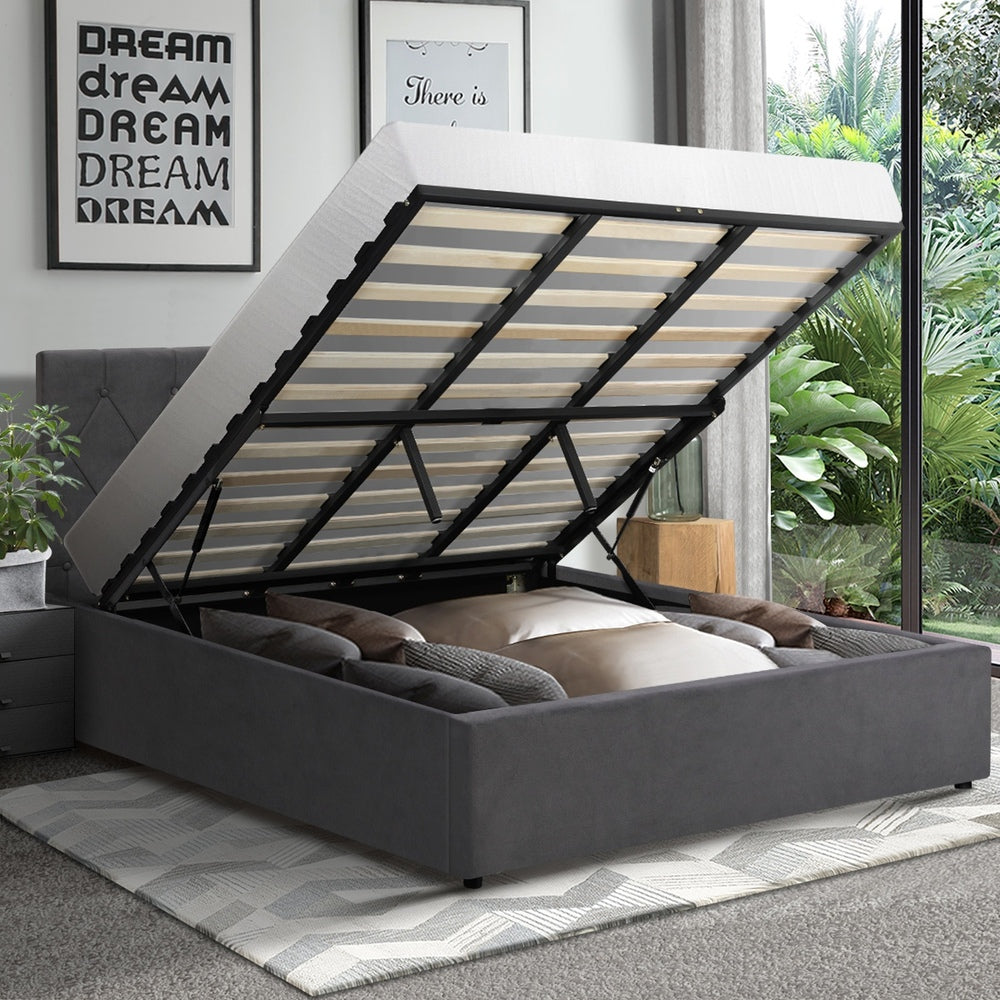 Functional Gas Lift Storage Bed With Fabric Upholstery