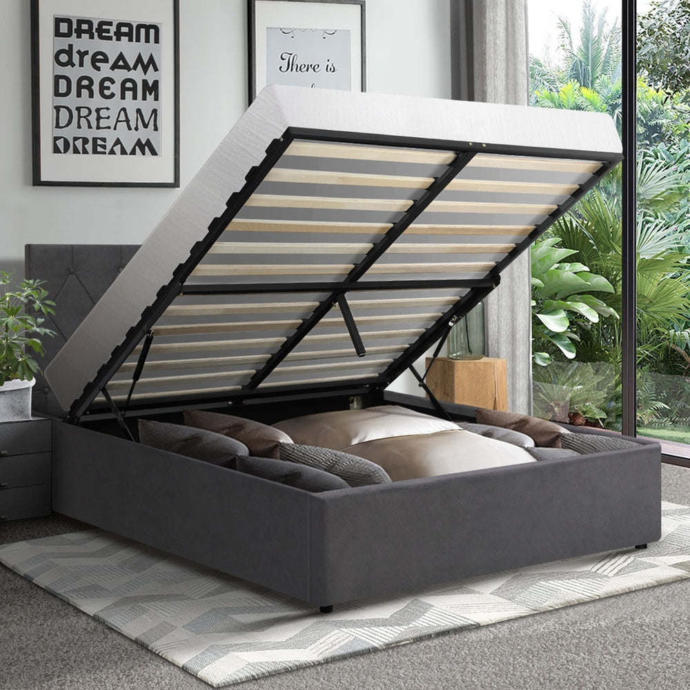 Functional Gas Lift Storage Bed With Fabric Upholstery