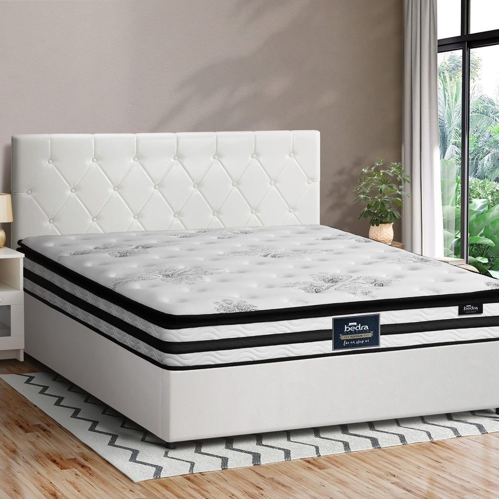 Luxury Gas Lift Bed With Mattress And White Leather Upholstery