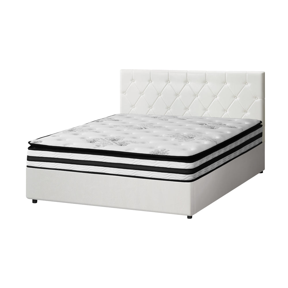 Luxury Gas Lift Bed With Mattress And White Leather Upholstery