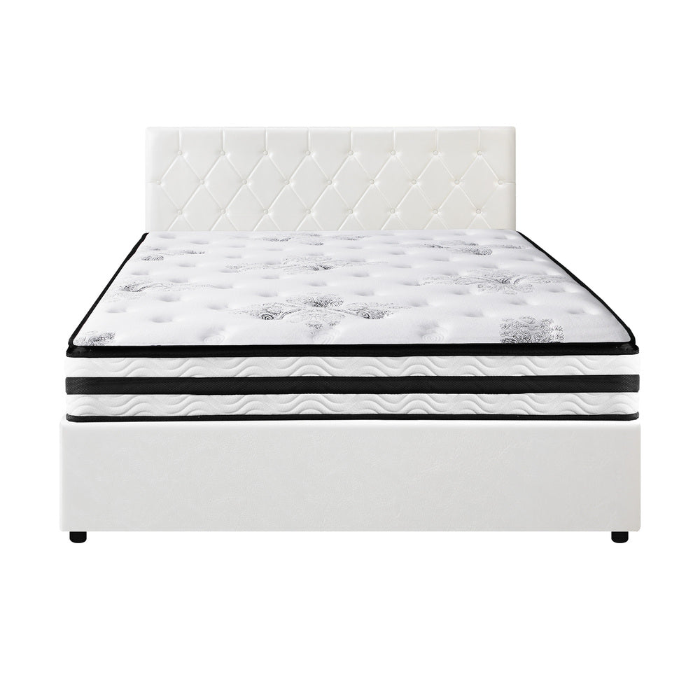 Luxury Gas Lift Bed With Mattress And White Leather Upholstery