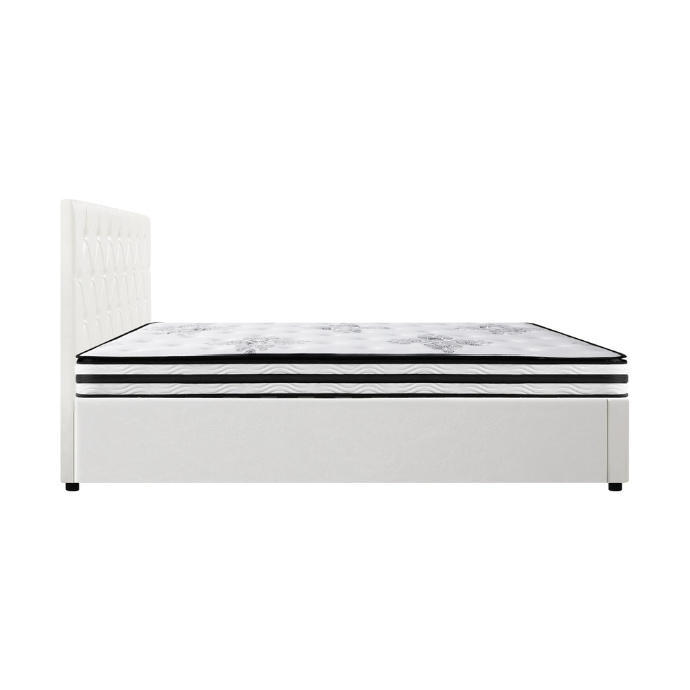 Luxury Gas Lift Bed With Mattress And White Leather Upholstery