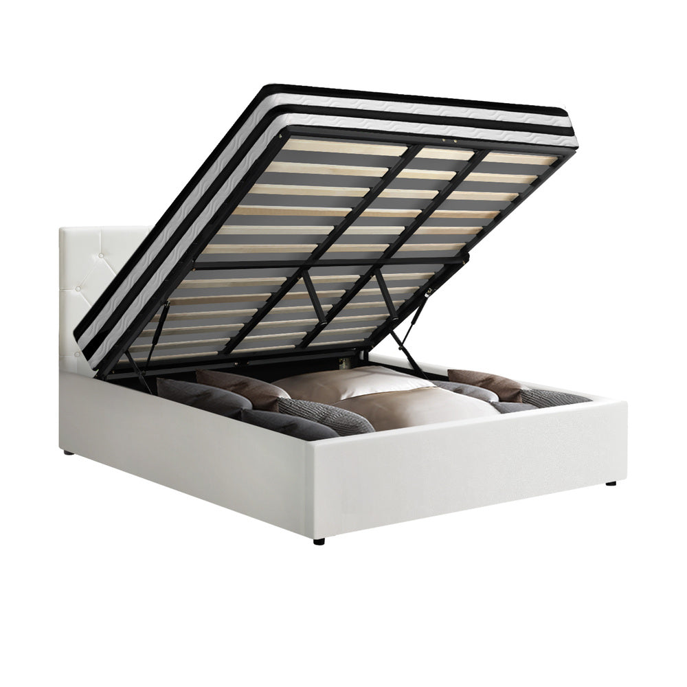 Luxury Gas Lift Bed With Mattress And White Leather Upholstery