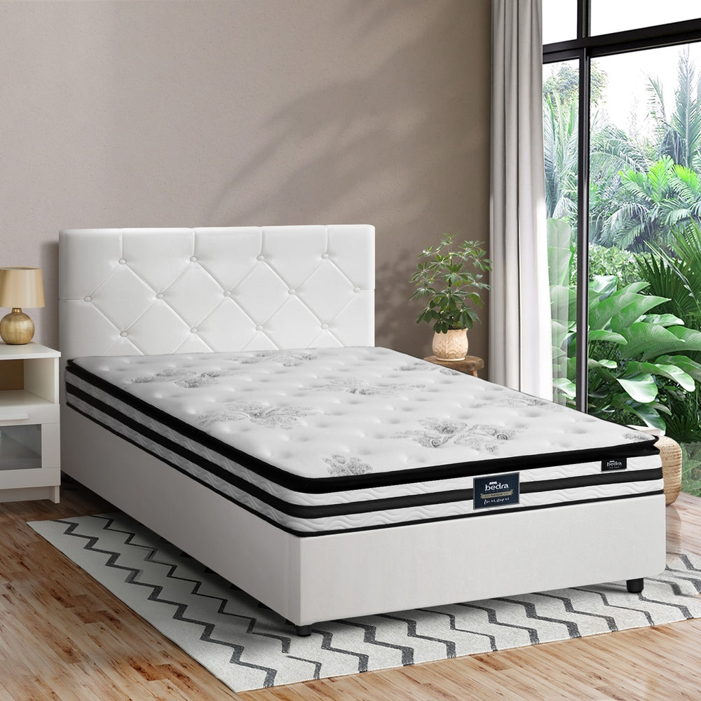 Luxury Gas Lift Bed With Mattress And White Leather Upholstery