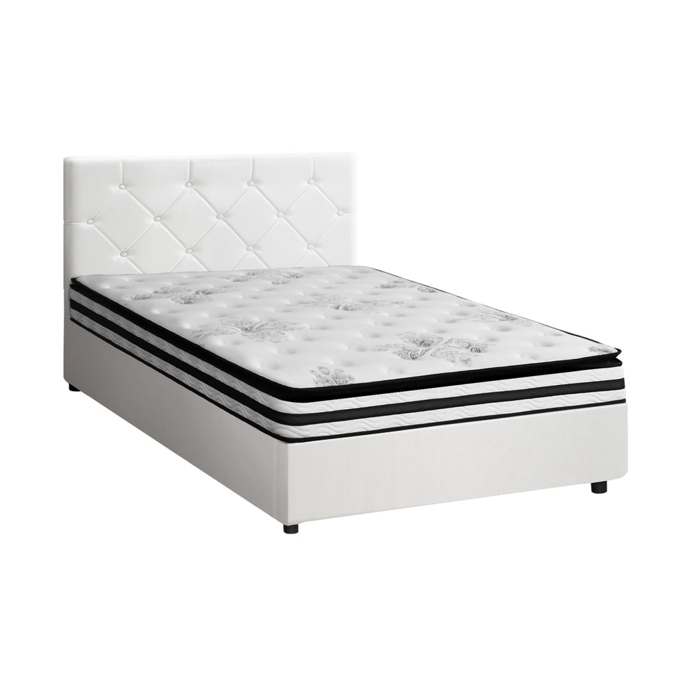 Luxury Gas Lift Bed With Mattress And White Leather Upholstery