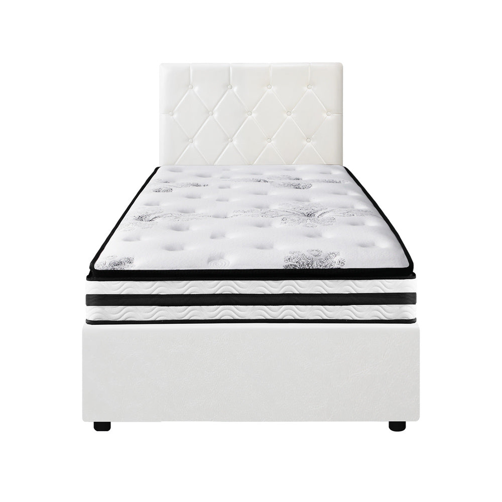 Luxury Gas Lift Bed With Mattress And White Leather Upholstery