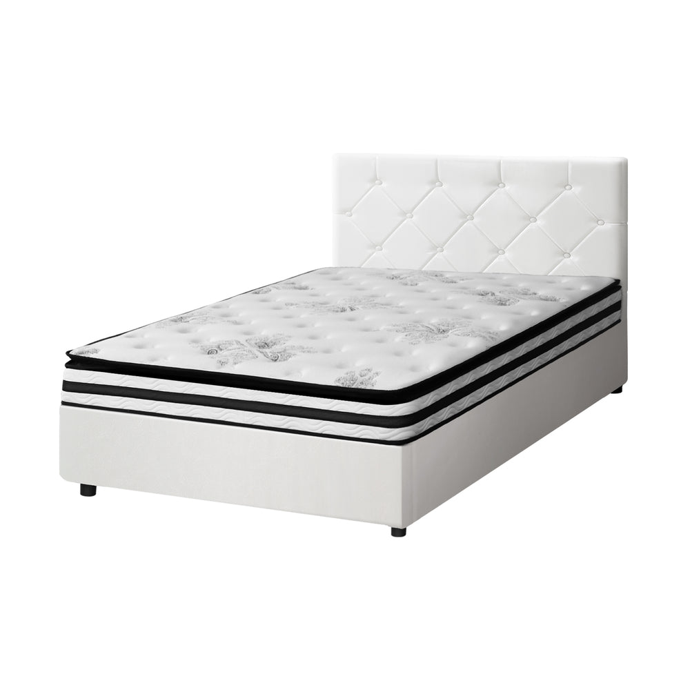 Luxury Gas Lift Bed With Mattress And White Leather Upholstery
