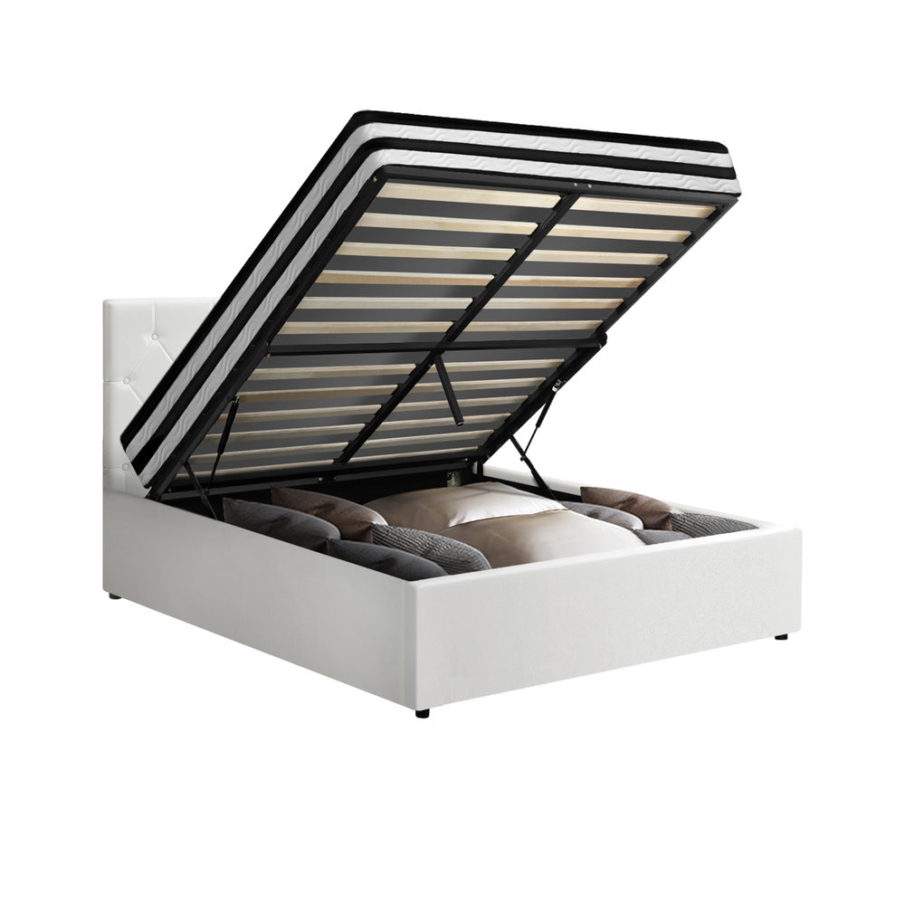 Luxury Gas Lift Bed With Mattress And White Leather Upholstery